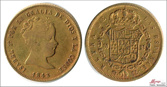 España - 1843 - Isabel II - Nº 00608 - MBC- / MBC+ - 80 Reales 1843 CL Madrid / 6,80 gr. oro