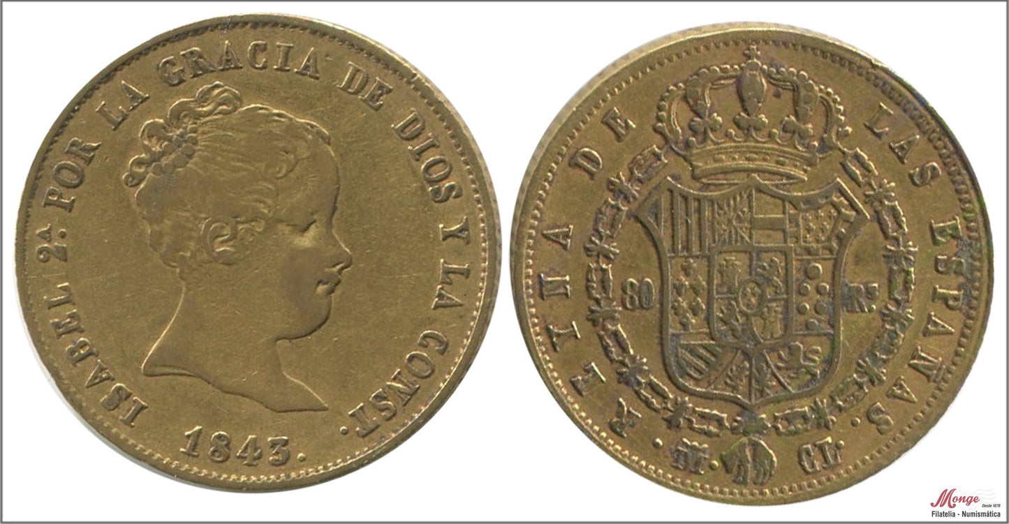 España - 1843 - Isabel II - Nº 00608 - MBC / VF - 80 Reales 1843 CL Madrid / 6,80 gr. oro