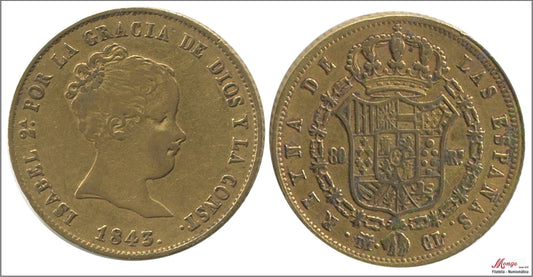 España - 1843 - Isabel II - Nº 00608 - MBC / VF - 80 Reales 1843 CL Madrid / 6,80 gr. oro