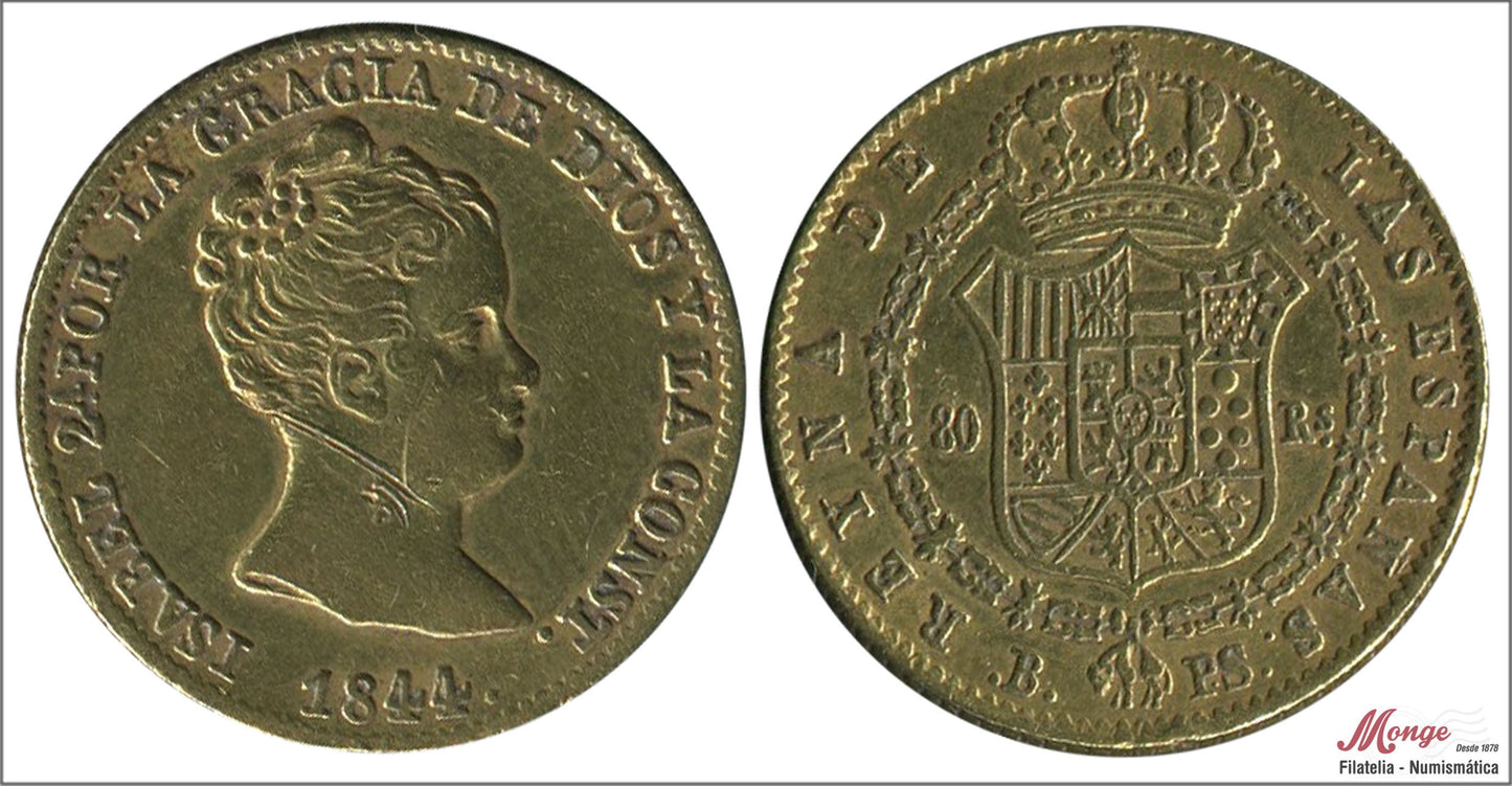 España - 1844 - Isabel II - Nº 00592 - BC / MBC - 80 Reales 1844 Barcelona PS 6,80 gr. oro