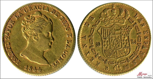 España - 1844 - Isabel II - Nº 00592 - MBC / VF - 80 Reales 1844 Barcelona PS 6,80 gr. oro