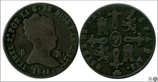 España - 1845 - Isabel II - Nº 00188 - Buena conservación mas - BC+ / F+ - 8 Maravedis 1845 Segovia Cu