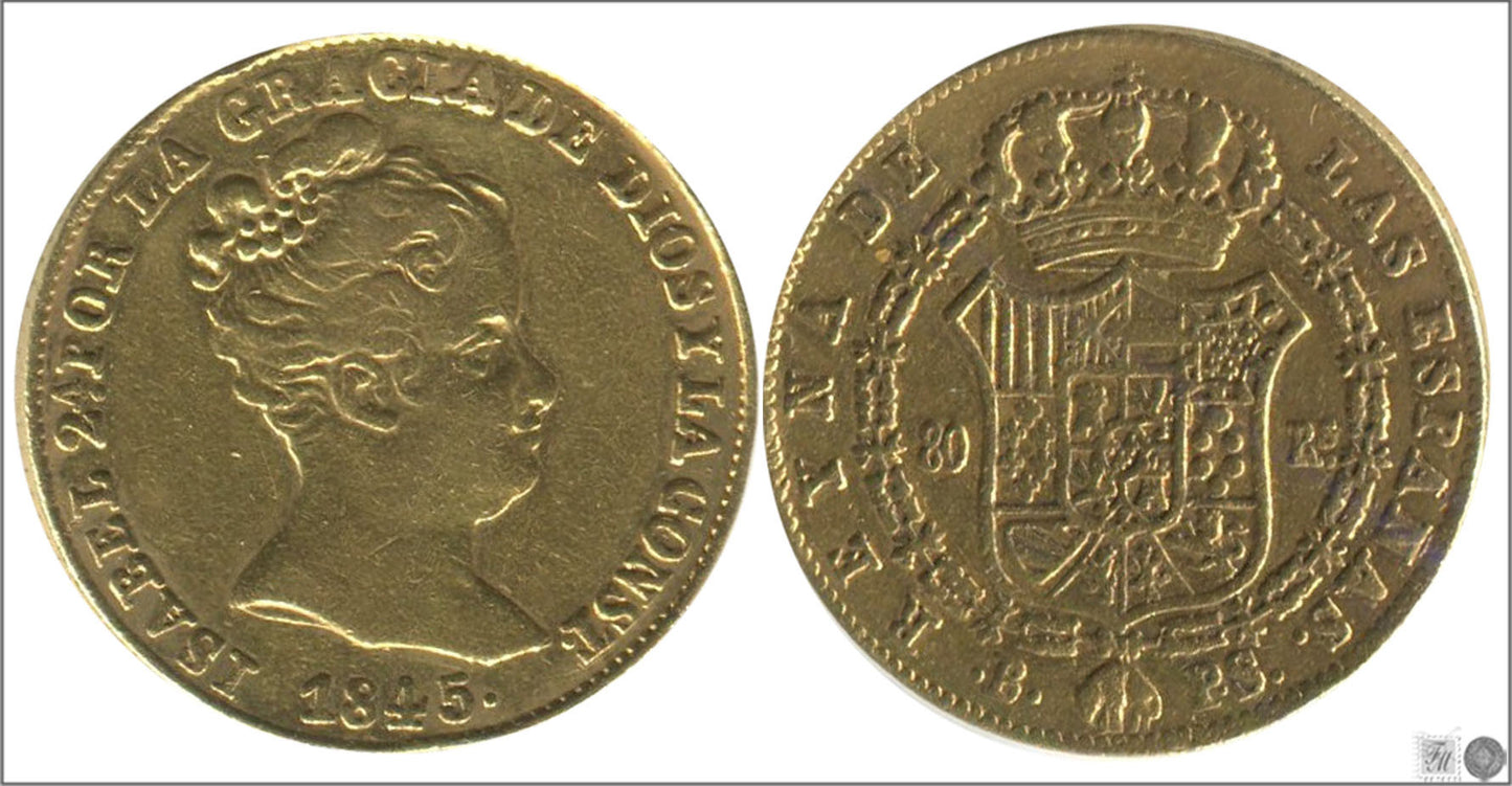 España - 1845 - Isabel II - Nº 00593 - MBC / VF - 80 Reales 1845 Barcelona PS / 6,80 gr. oro