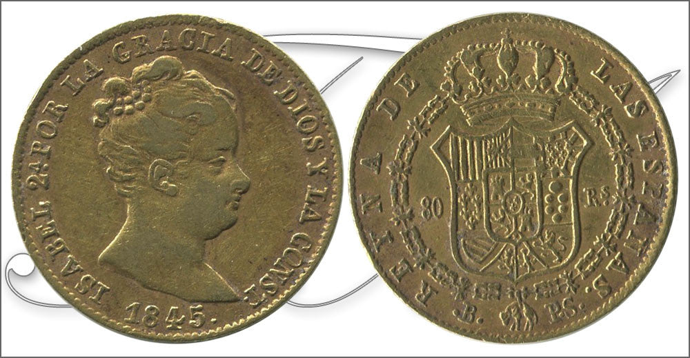 España - 1845 - Isabel II - Nº 00594 - MBC / MBC+ - 80 Reales 1845 Barcelona PS / 6,80 gr. oro