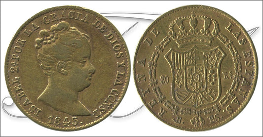 España - 1845 - Isabel II - Nº 00594 - MBC / MBC+ - 80 Reales 1845 Barcelona PS / 6,80 gr. oro