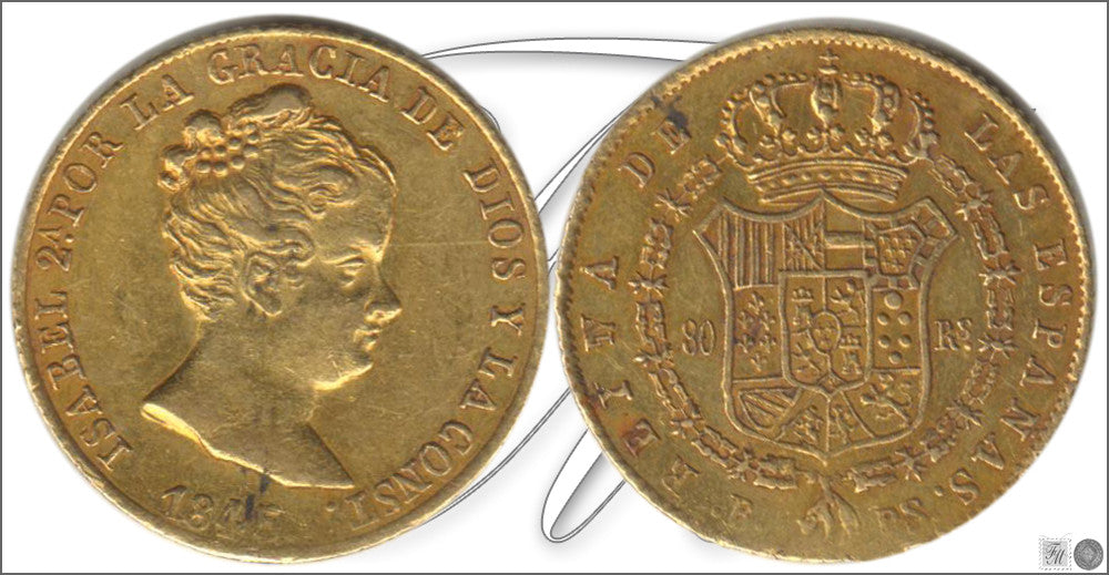 España - 1845 - Isabel II - Nº 00594 - MBC - / VF- - 80 Reales 1845 Barcelona PS / 6,70 gr. oro