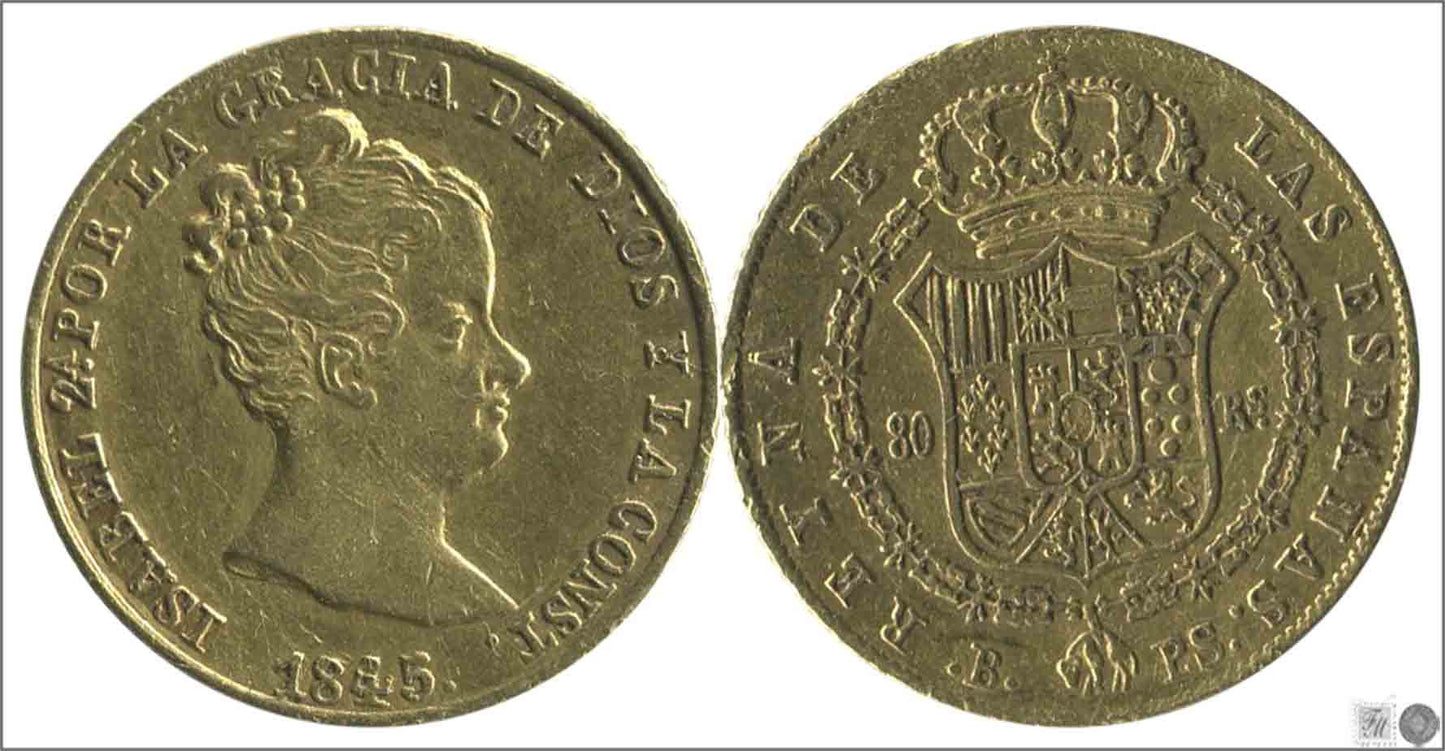 España - 1845 - Isabel II - Nº 00594 - MBC+ / VF+ - 80 Reales 1845 Barcelona PS / 6,72 gr. oro