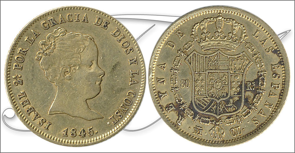 España - 1845 - Isabel II - Nº 00610 - MBC- / MBC - 80 Reales 1845 Madrid CL / 6,90 gr. oro