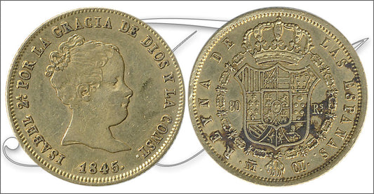 España - 1845 - Isabel II - Nº 00610 - MBC- / MBC - 80 Reales 1845 Madrid CL / 6,90 gr. oro