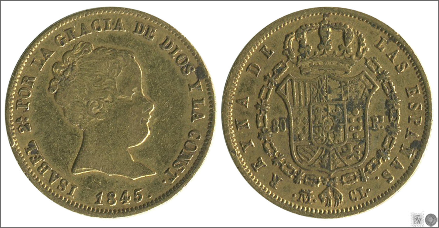 España - 1845 - Isabel II - Nº 00610 - MBC / VF - 80 Reales 1845 Madrid CL / 6,70 gr. oro