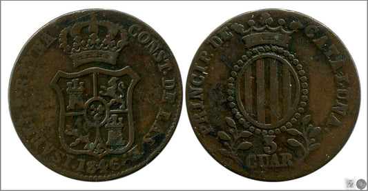 España - 1846 - Isabel II - Nº 00152 - Buena conservación mas - BC+ / F+ - 3 Quartos 1846 Cataluña Cu