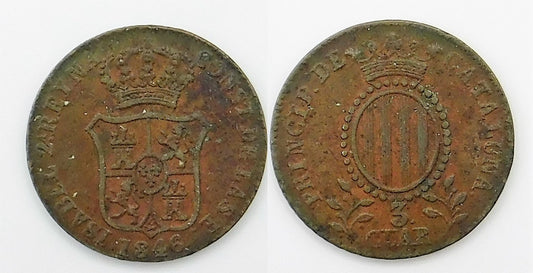 España - 1846 - Isabel II - Nº 00152 - Muy Buena conservación mas - MBC+ / VF+ - 3 Quartos 1846 Cataluña Cu