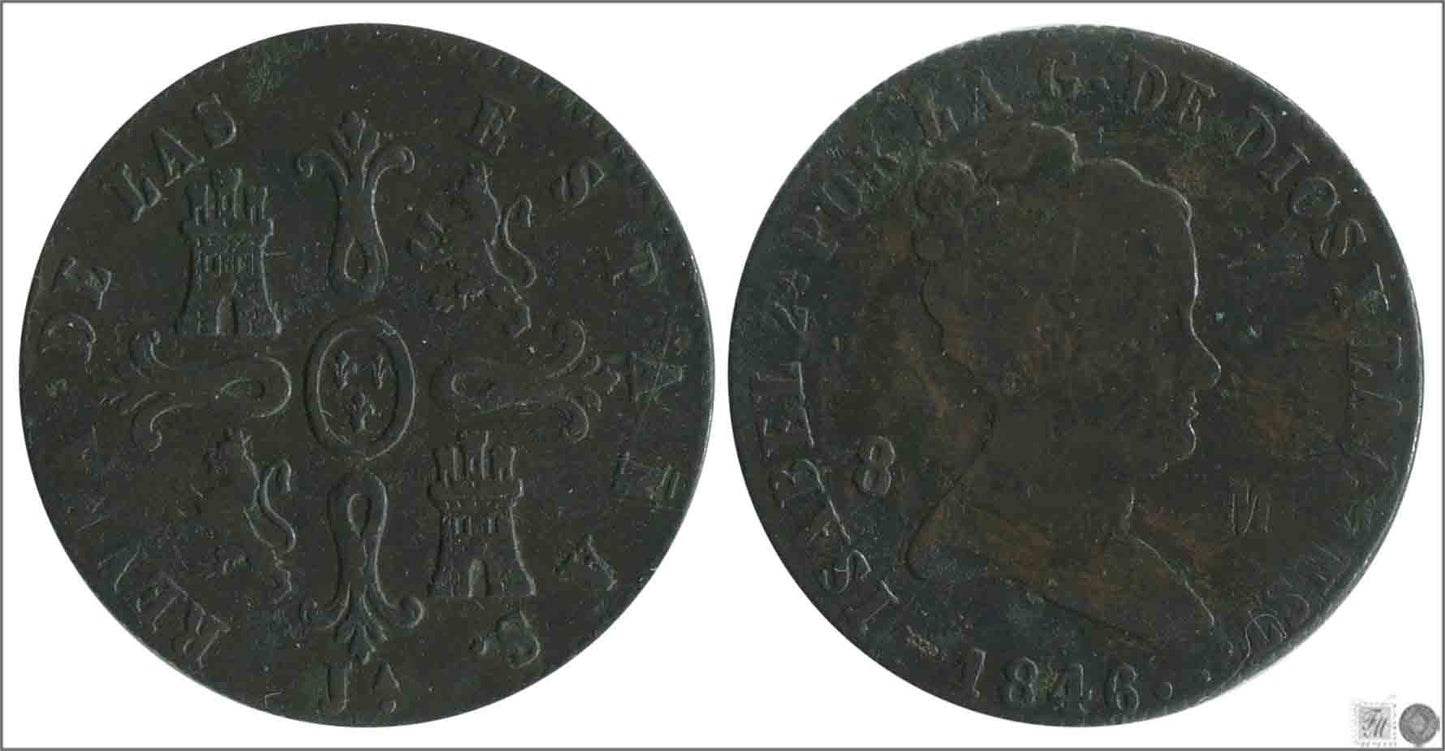 España - 1846 - Isabel II - Nº 00170 - Cara y Cruz - BC- / BC+ - 8 Maravedis 1846 Jubia Cu