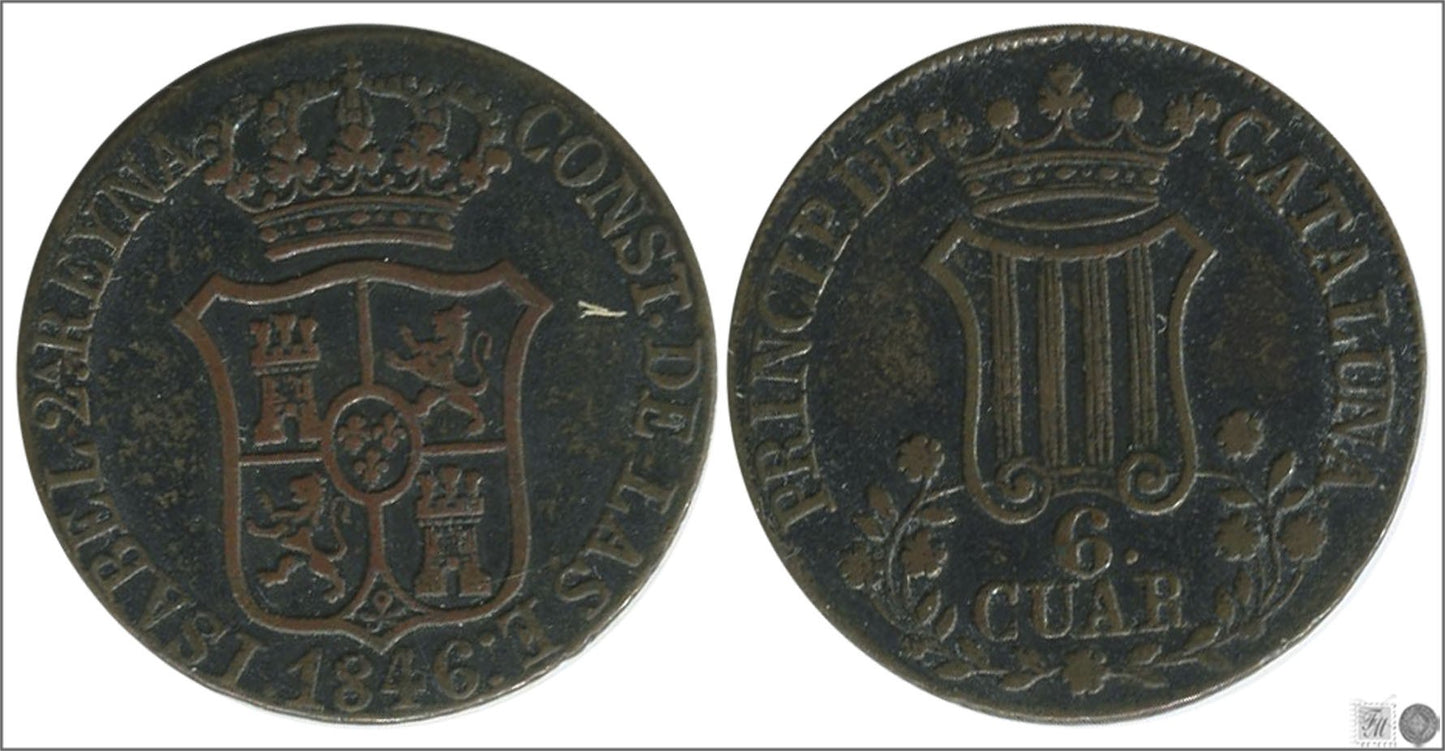 España - 1846 - Isabel II - Nº 00208 - Excelente conservacion - EBC / XF - 6 Quartos 1846 Cataluña Cu / 7 Pétalos