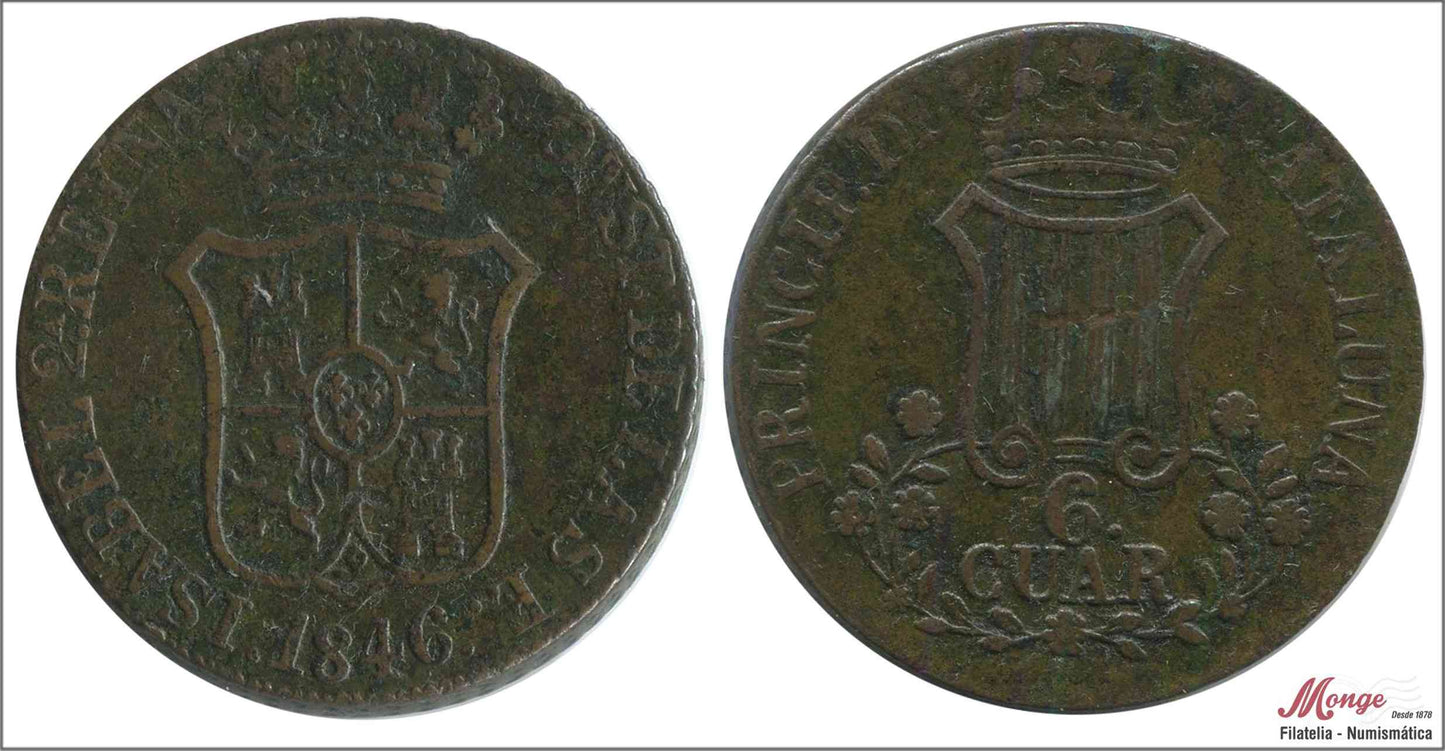 España - 1846 - Isabel II - Nº 00208 - MBC / VF - 6 Quartos 1846 Cataluña Cu / 7 Pétalos