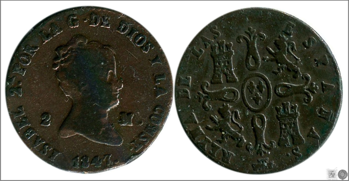 España - 1847 - Isabel II - Nº 00051 - BC / F - 2 Maravedis 1847 Segovia Cu