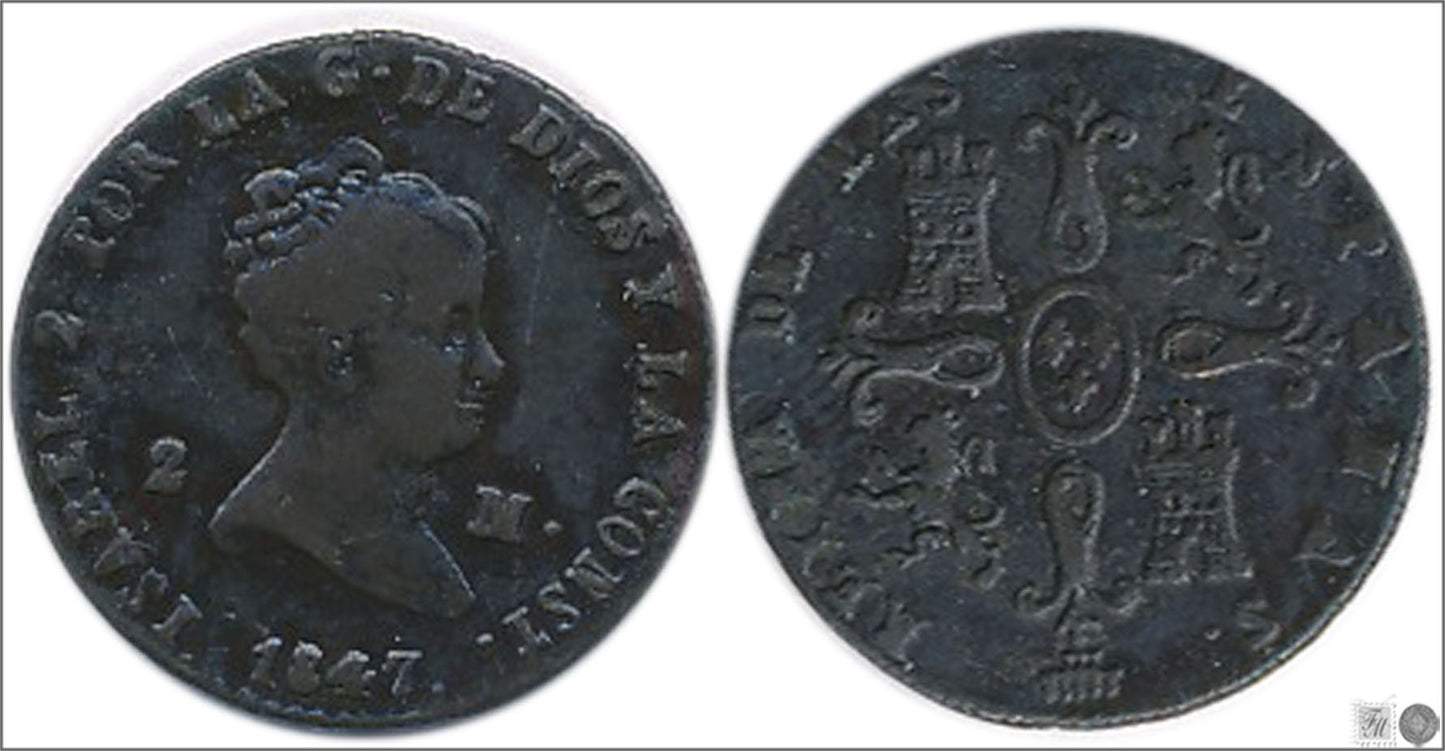 España - 1847 - Isabel II - Nº 00051 - Cara y Cruz - BC+ / MBC - 2 Maravedis 1847 Segovia Cu