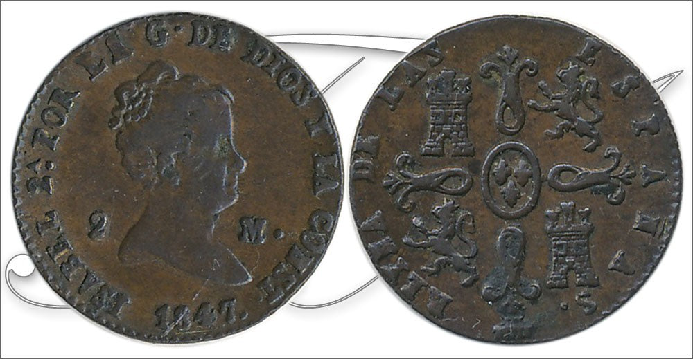 España - 1847 - Isabel II - Nº 00051 - Muy Buena conservación - MBC / VF - 2 Maravedis 1847 Segovia Cu