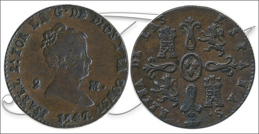 España - 1847 - Isabel II - Nº 00051 - Muy Buena conservación - MBC / VF - 2 Maravedis 1847 Segovia Cu