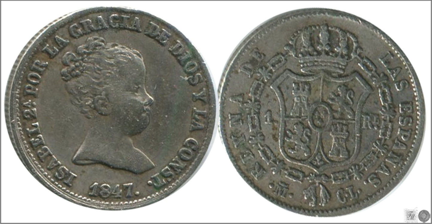 España - 1847 - Isabel II - Nº 00241 - Muy Buena conservación - MBC / VF - 1 real 1847 CL Madrid Ag