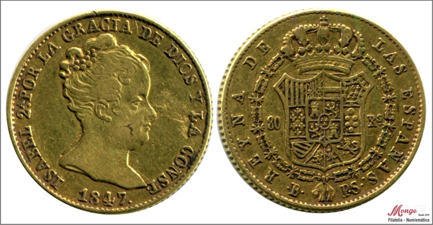 España - 1847 - Isabel II - Nº 00597 - MBC / VF - 80 Reales 1847 PS Barcelona 6,80 gr oro