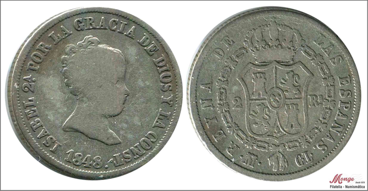 España - 1848 - Isabel II - Nº 00299 - MBC - / VF- - 2 Reales 1848 CL Madrid Ag