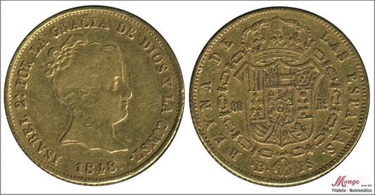 España - 1848 - Isabel II - Nº 00598 - MBC- / MBC - 80 Reales 1848 PS Barcelona 6,80 gr oro