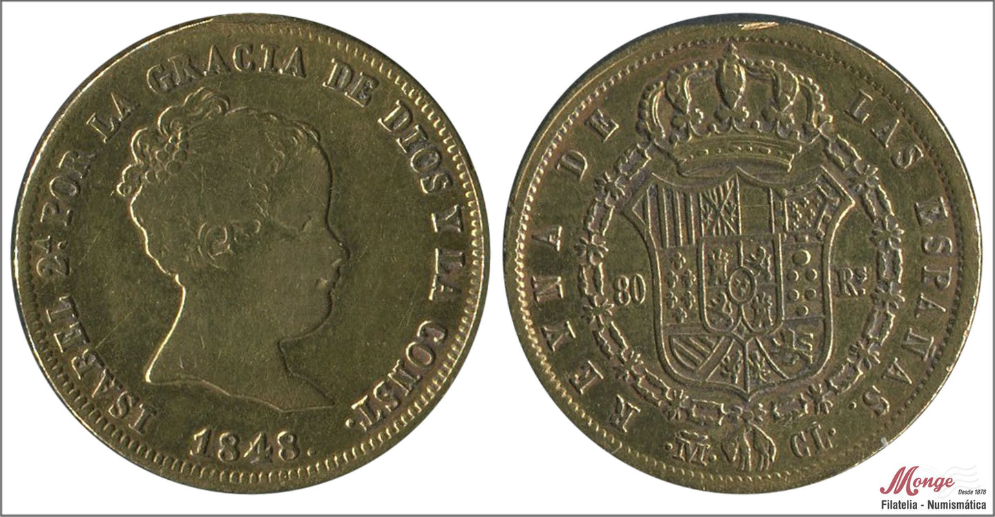 España - 1848 - Isabel II - Nº 00613 - BC / MBC - 80 Reales 1848 Madrid CL / 6,75 gr. oro