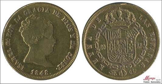 España - 1848 - Isabel II - Nº 00613 - BC / MBC - 80 Reales 1848 Madrid CL / 6,75 gr. oro