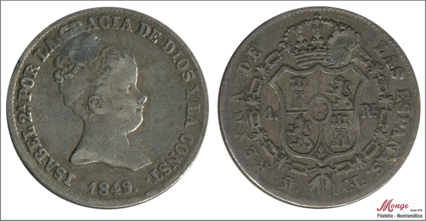 España - 1849 - Isabel II - Nº 00243 - BC / F - 1 Real 1849 CL Madrid Ag agujero tapado