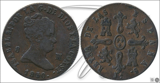 España - 1850 - Isabel II - Nº 00174 - Cara y Cruz - MBC+ / EBC- - 8 Maravedis 1850 Jubia Cu