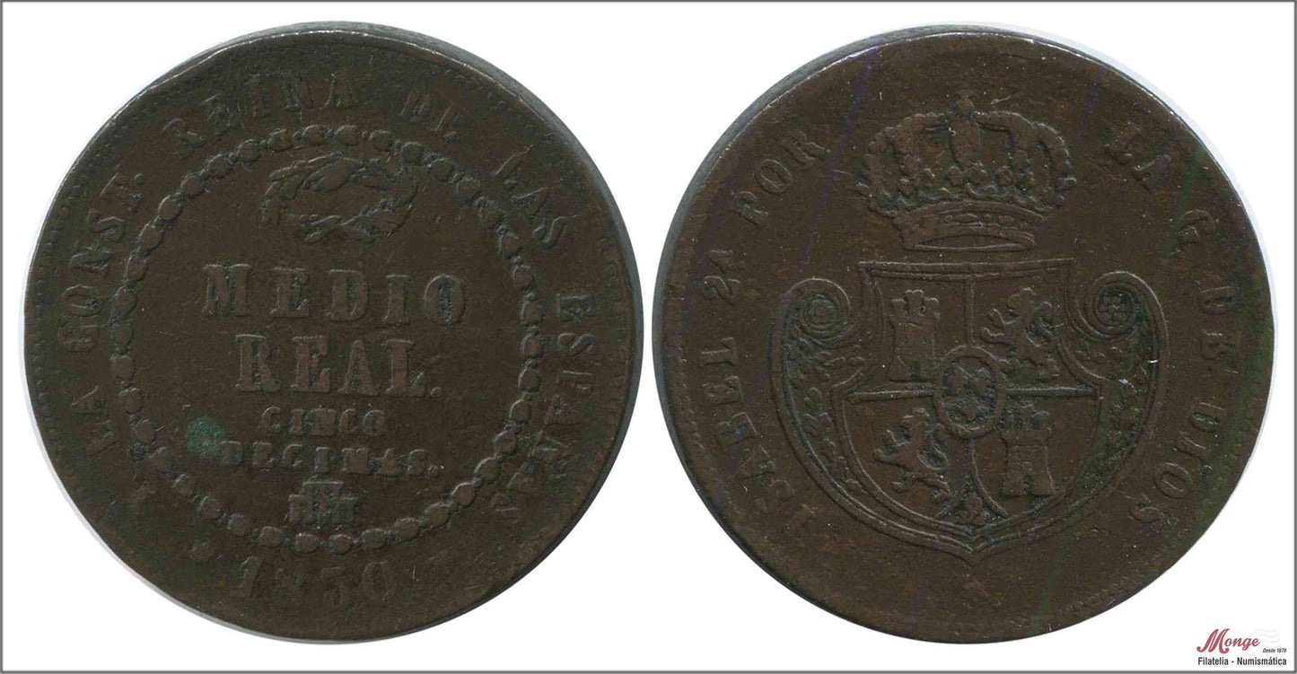 España - 1850 - Isabel II - Nº 00216 - MBC - / VF- - 1/2 Real (cinco décimas) 1850 Segovia Cu