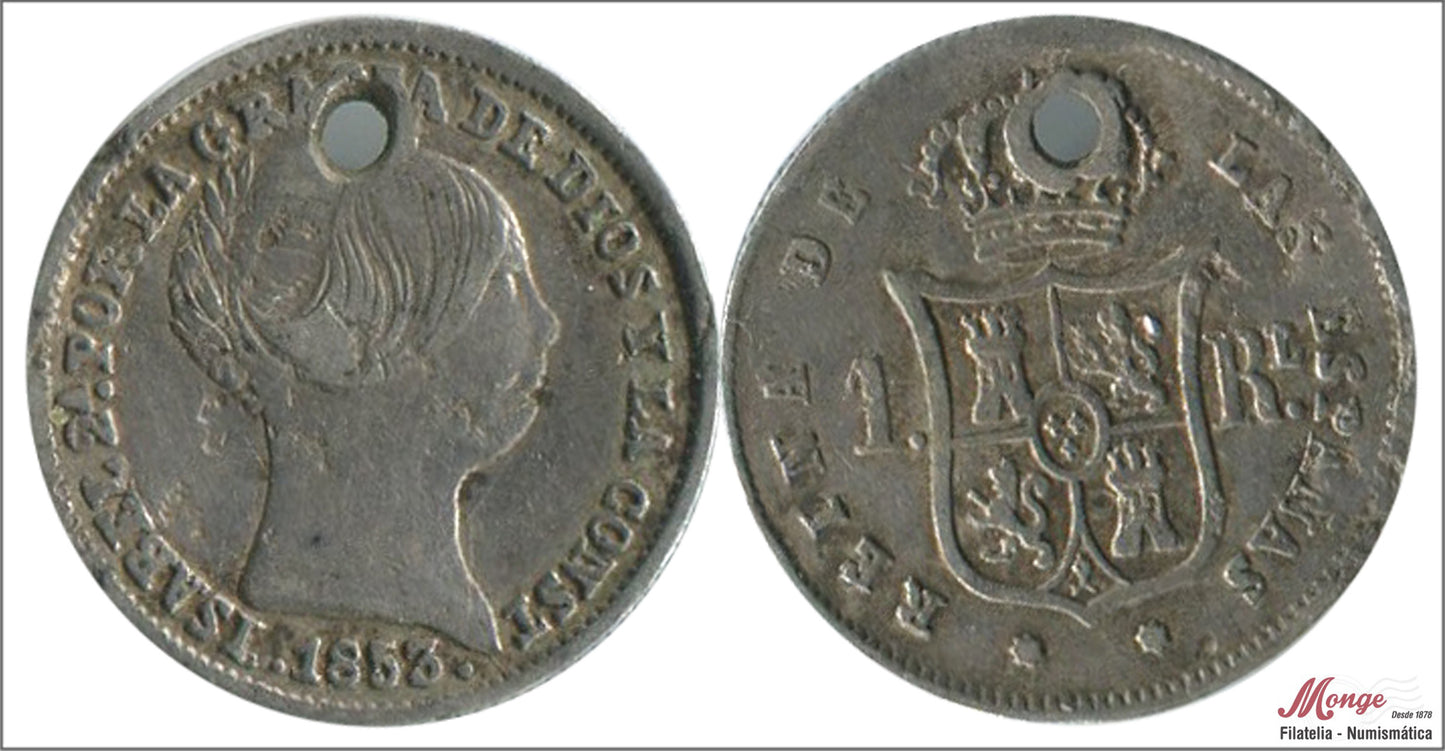 España - 1853 - Isabel II - Nº 00259 - MBC / VF - 1 Real 1853 Sevilla Ag - perforada