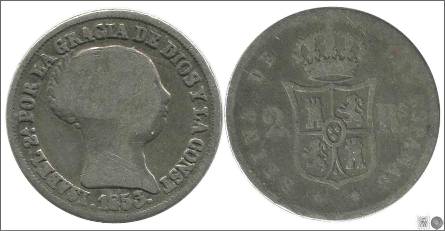 España - 1853 - Isabel II - Nº 00317 - Buena conservación mas - BC+ / F+ - 2 Reales 1853 Sevilla Ag