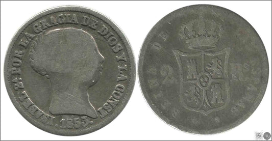 España - 1853 - Isabel II - Nº 00317 - Buena conservación mas - BC+ / F+ - 2 Reales 1853 Sevilla Ag