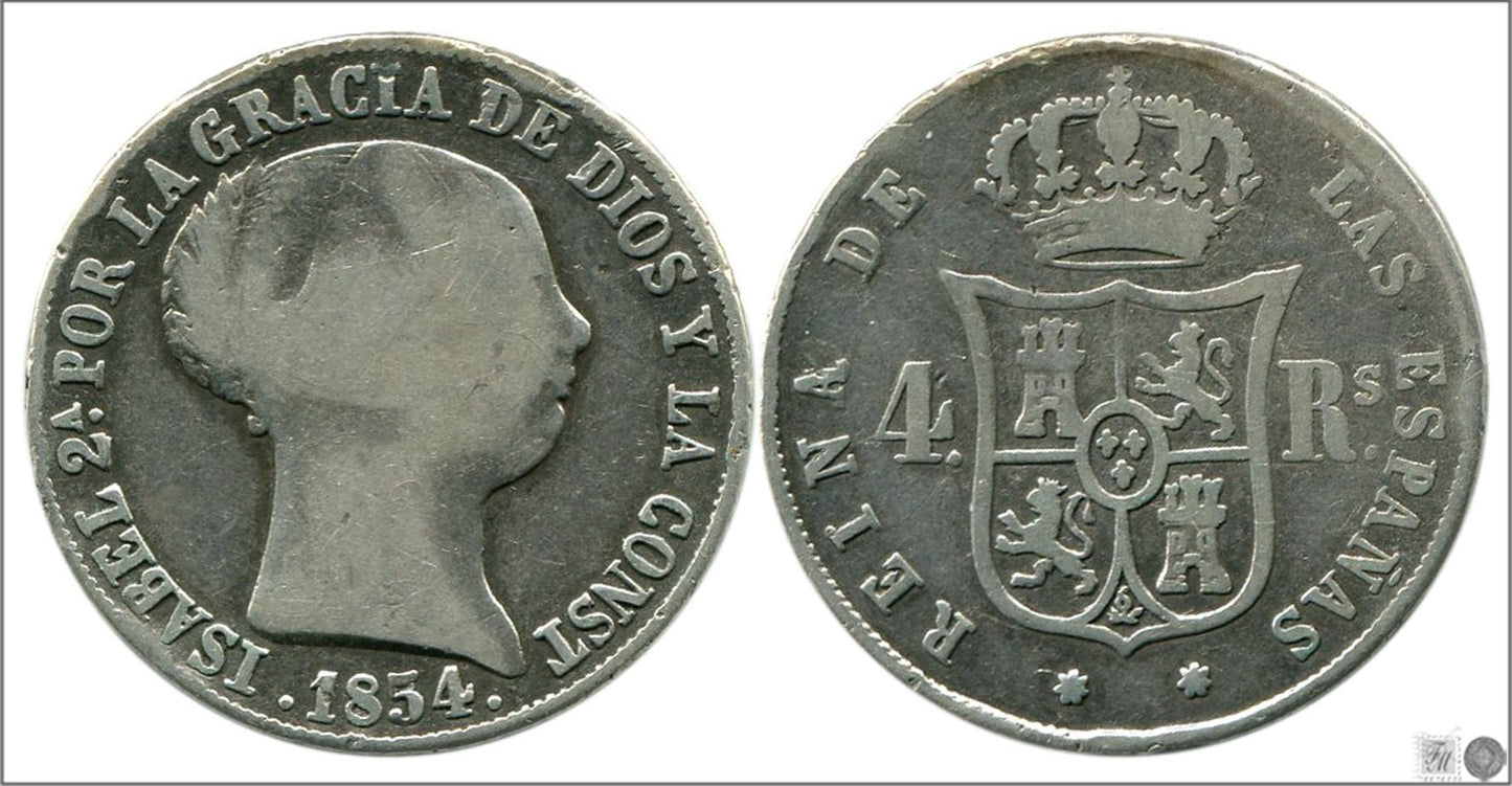 España - 1854 - Isabel II - Nº 00399 - Cara y Cruz - BC+ / MBC- - 4 Reales 1854 Sevilla Ag