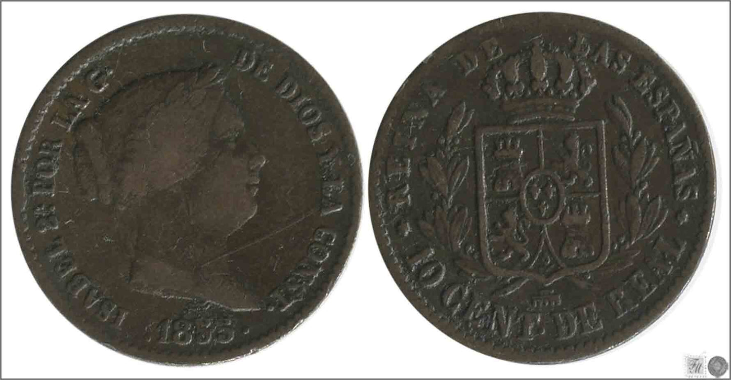 España - 1855 - Isabel II - Nº 00060 - Muy Buena conservación menos - MBC - / VF- - 10 Centimos de Real 1855 Segovia Cu