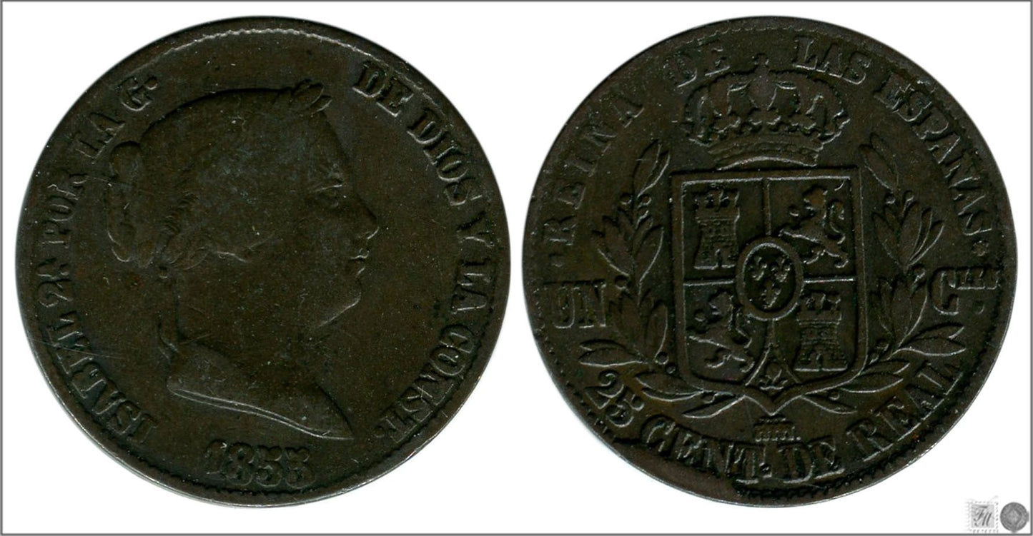 España - 1855 - Isabel II - Nº 00119 - Muy Buena conservación menos - MBC - / VF- - 25 Centimos de Real 1855 Segovia Cu