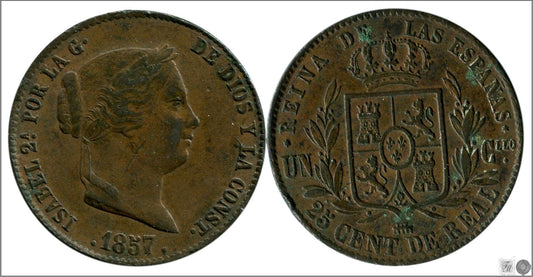 España - 1857 - Isabel II - Nº 00121 - Muy Buena conservación - MBC / VF - 25 Centimos de Real 1857 Segovia Cu