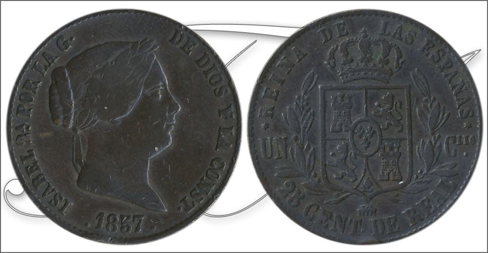 España - 1857 - Isabel II - Nº 00121 - Muy Buena conservación menos - MBC - / VF- - 25 Centimos de Real 1857 Segovia Cu