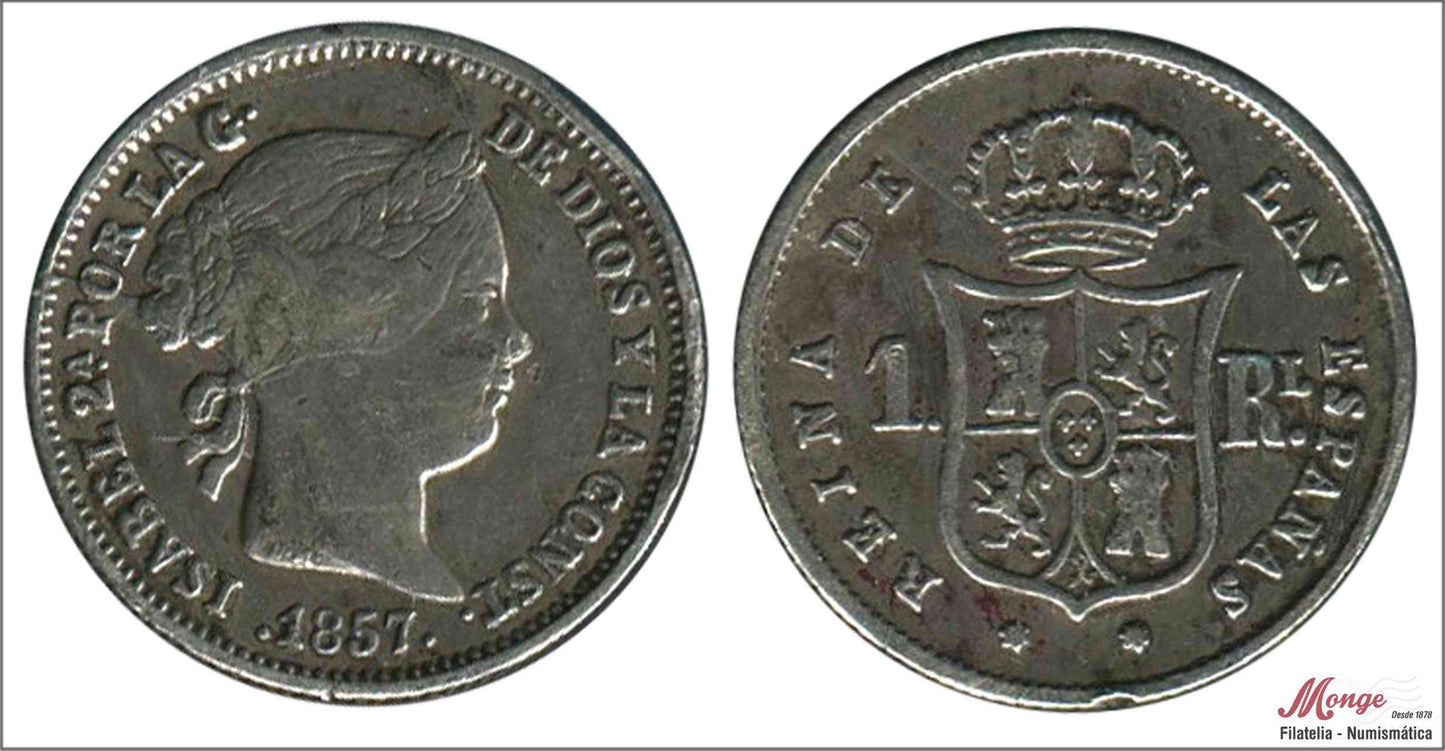 España - 1857 - Isabel II - Nº 00276 - MBC / VF - 1 Real 1857 Sevilla Ag / Colgada por escudo