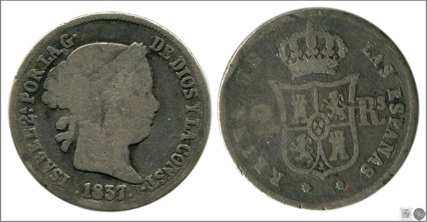 España - 1857 - Isabel II - Nº 00331 - Buena conservación mas - BC+ / F+ - 2 Reales 1857 Sevilla Ag