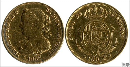 España - 1857 - Isabel II - Nº 00643 - BC / F - 100 Reales 1857 Barcelona / 8,40 gr. oro / Descolgada