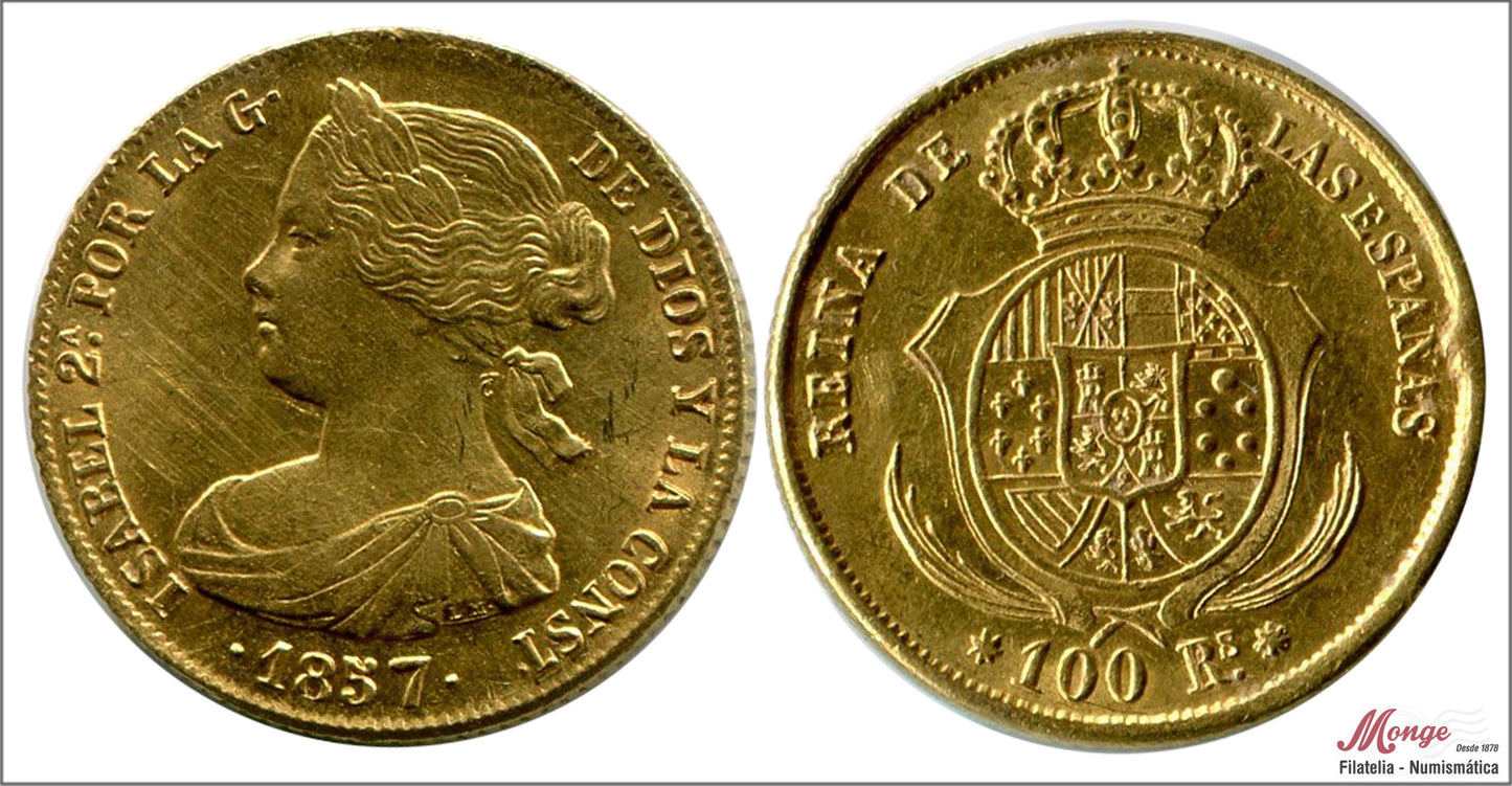 España - 1857 - Isabel II - Nº 00675 - MBC / EBC - 100 Reales 1857 Sevilla 8,38 gr. oro