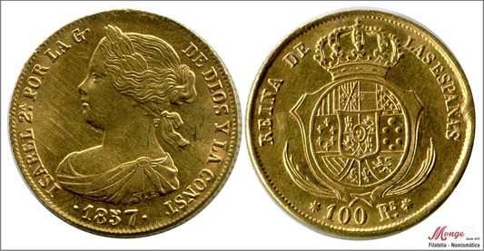 España - 1857 - Isabel II - Nº 00675 - MBC / EBC - 100 Reales 1857 Sevilla 8,38 gr. oro