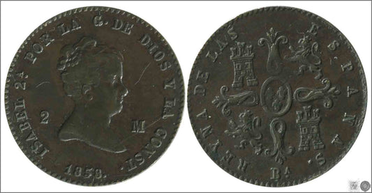 España - 1858 - Isabel II - Nº 00031 - Excelente conservacion mas - EBC+ / XF+ - 2 Marvedis 1858 Barcelona Cu