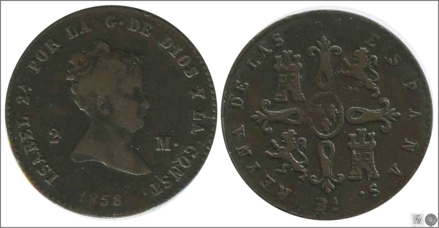 España - 1858 - Isabel II - Nº 00031 - Muy Buena conservación mas - MBC+ / VF+ - 2 Maravedis 1858 Barcelona Cu