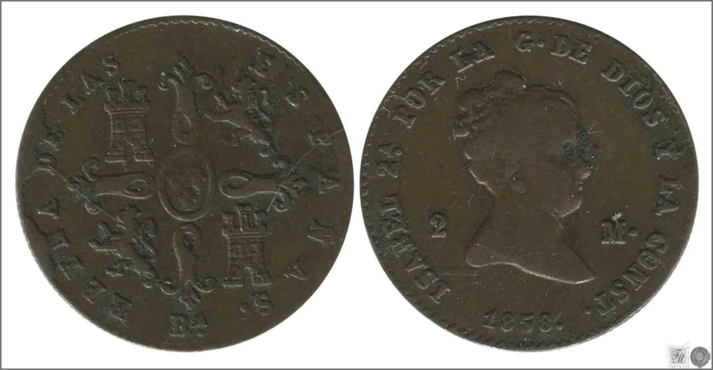 España - 1858 - Isabel II - Nº 00031 - Muy Buena conservación - MBC / VF - 2 Maravedis 1858 Barcelona Cu