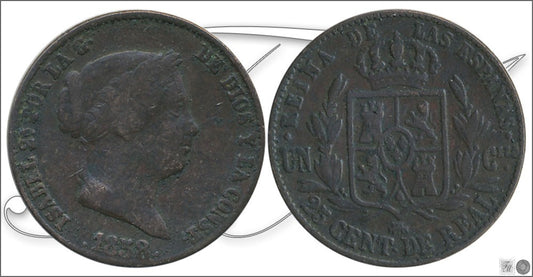 España - 1858 - Isabel II - Nº 00122 - Cara y Cruz - BC / MBC- - 25 Centimos de Real 1858 Segovia Cu