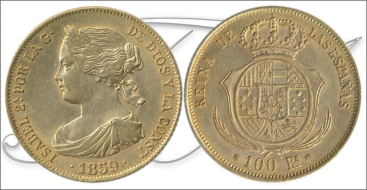 España - 1859 - Isabel II - Nº 00645 - EBC / XF - 100 Reales 1859 Barcelona 8,50 gr .oro